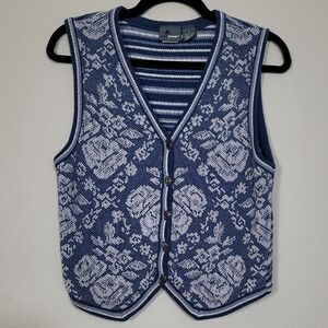 Vintage Liz Wear Women’s Knit Sweater Vest Size S Blue Floral Cottagecore Granny
